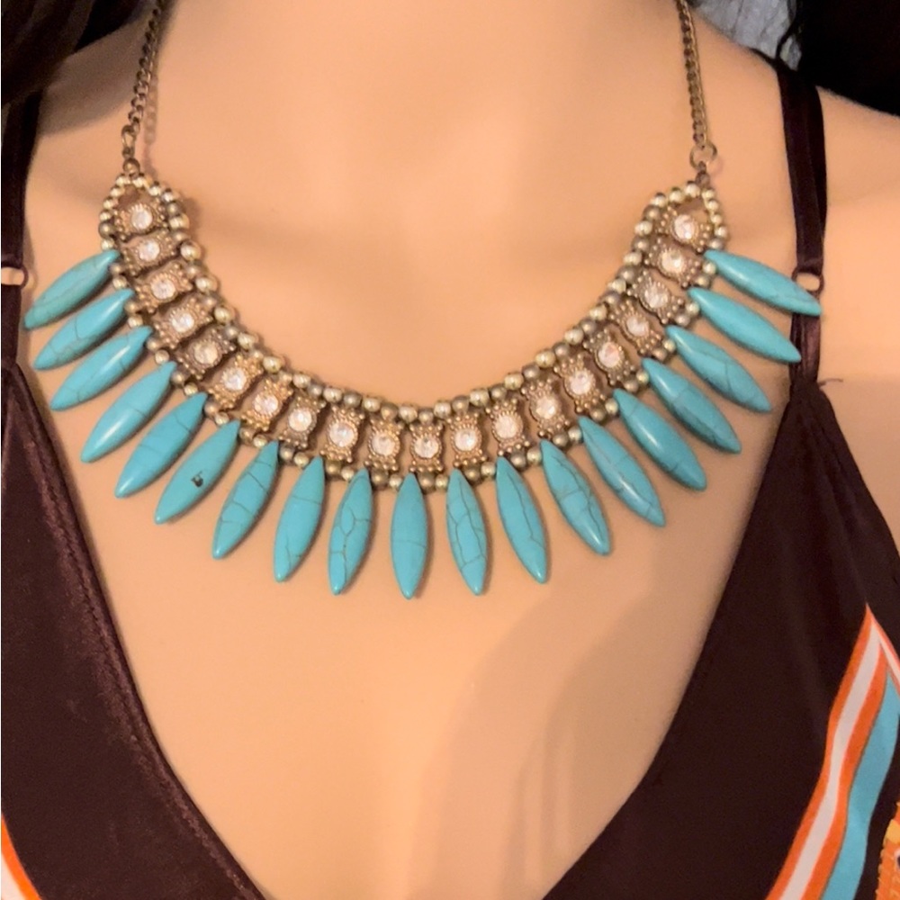 Turquoise silver and brass , CrystalChoker Necklace